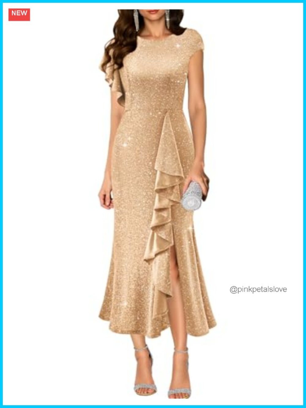 Sequin Formal Dress Asymmetric Sleeve Slit Maxi Bodycon Evening Gown